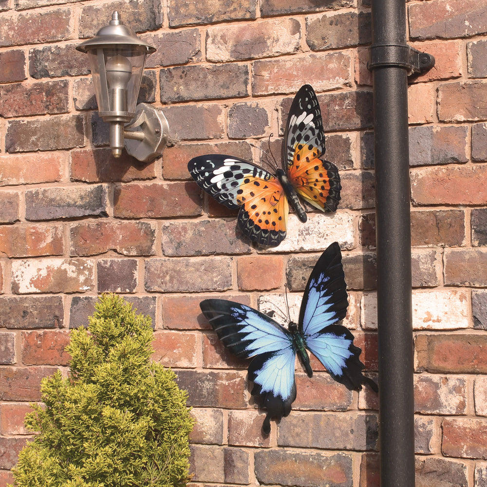 Oranžový a modrý dekoračné motýle na stenu od Primus Garden Art