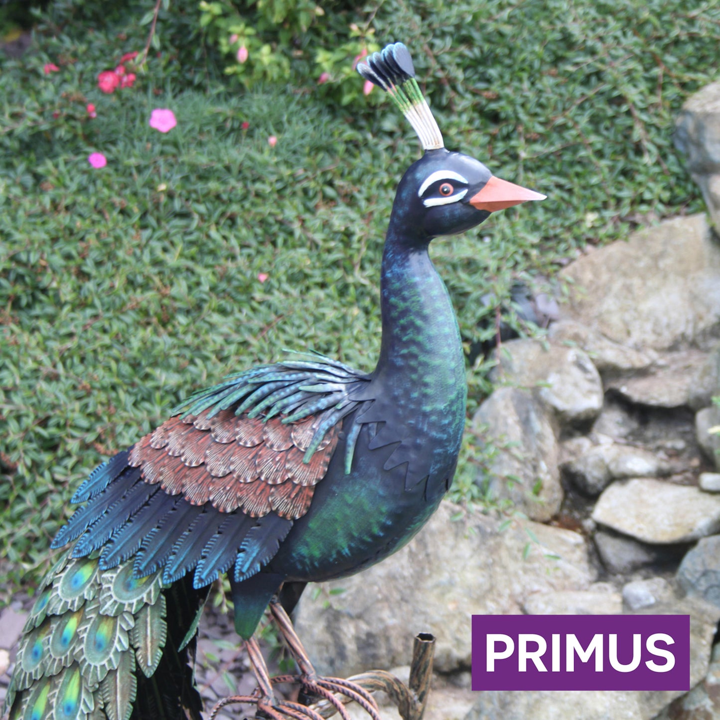 Large Peacock on Perch ⸱ kovová socha páva na bidle