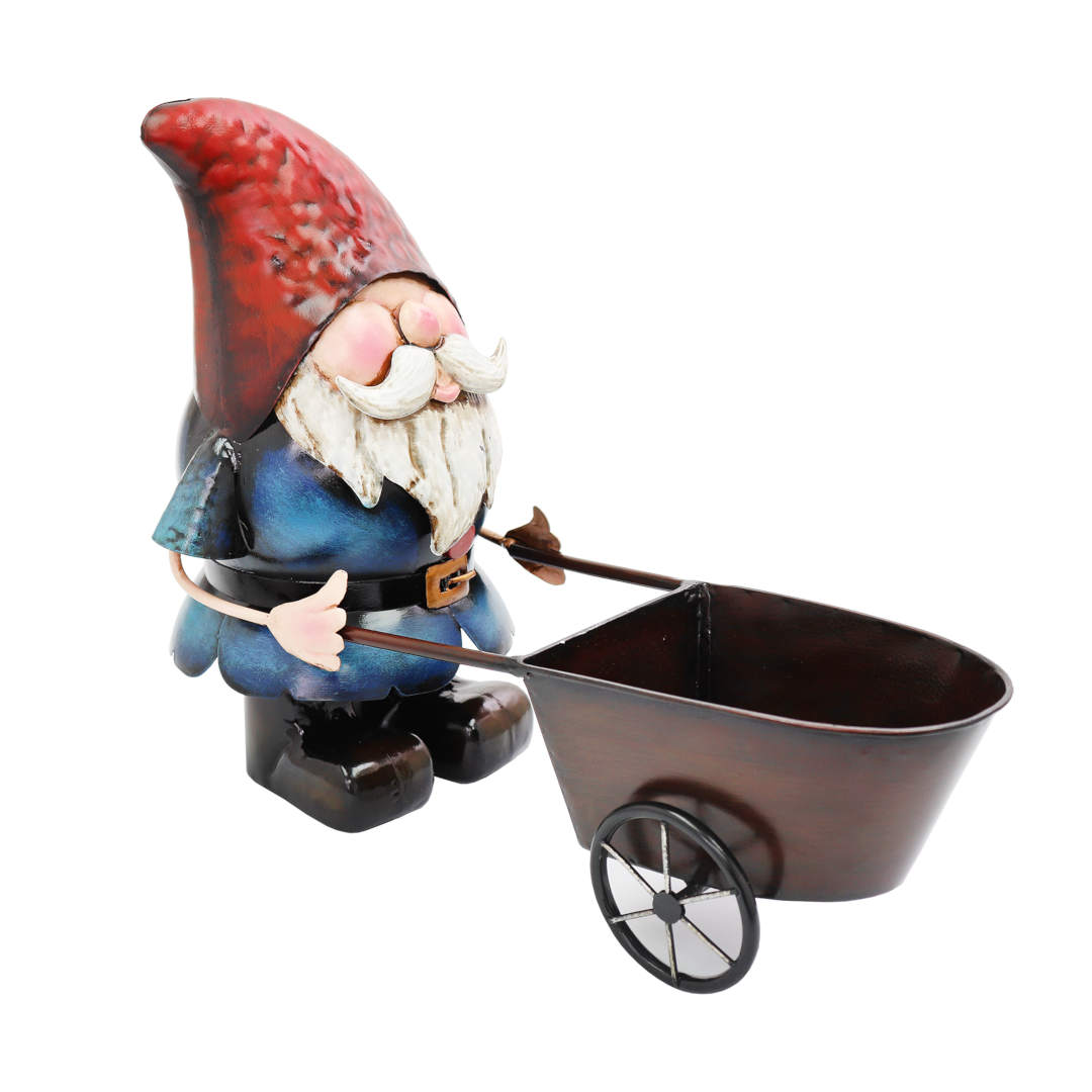 Gnome with Wheelbarrow ⸱ kovová soška trpaslíka s fúrikom
