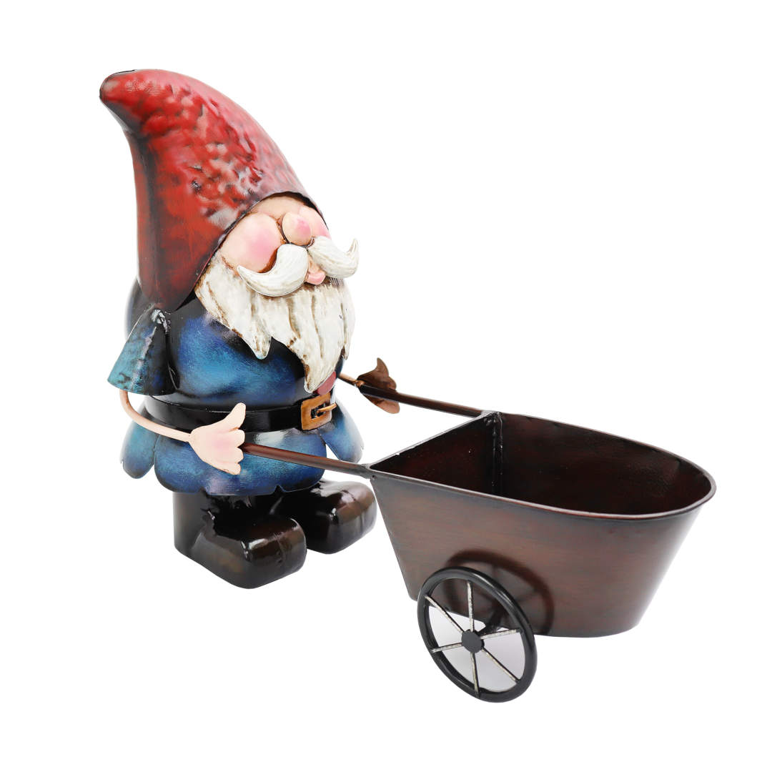 Gnome with Wheelbarrow ⸱ kovová soška trpaslíka s fúrikom