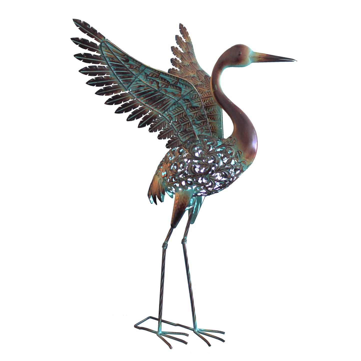 Ornate Winged Crane  ⸱ kovová socha žeriava (solárna dekorácia)